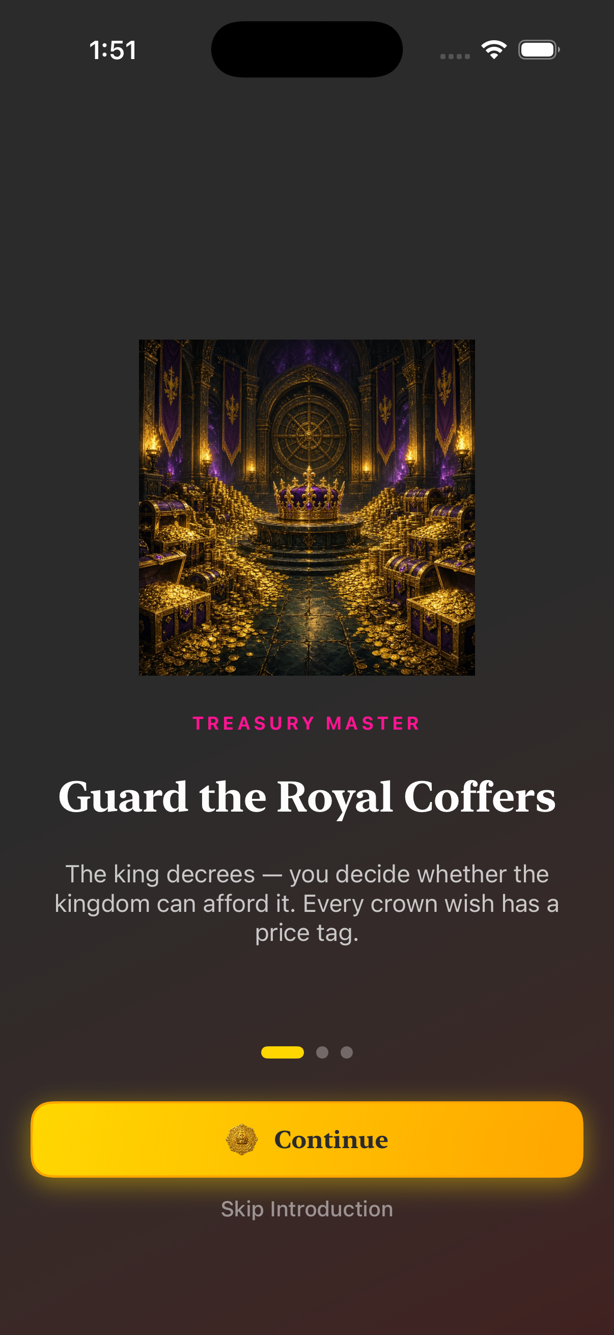 Onboarding — guard the royal coffers