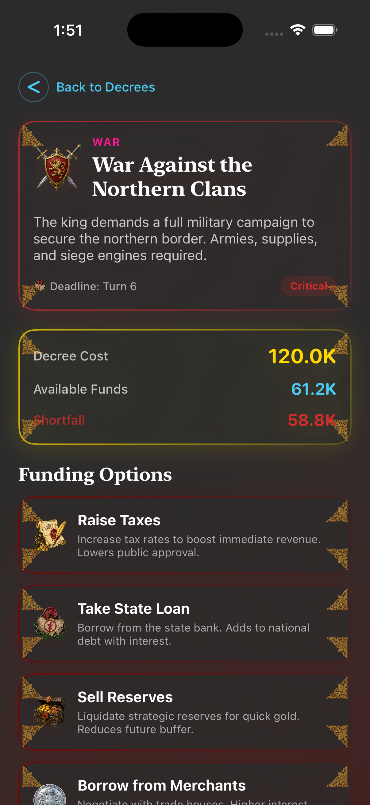 War decree funding options